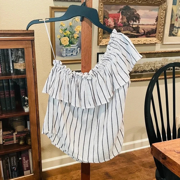 Billabong Wonderland women’s one-shoulder ruffle top rayon SZ S ivory black - Picture 2 of 8